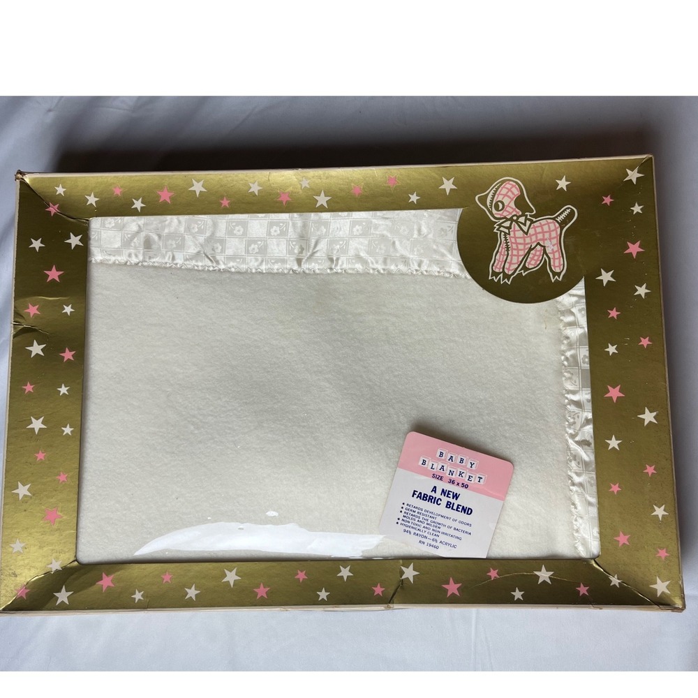 Vintage Quiltex Baby Blanket in Original Box 70s White Plush Satin Trim Nursery